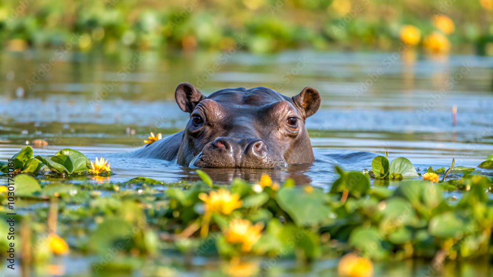 Fototapeta premium hippopotamus in water. water, hippo, animal, hippopotamus, nature, wildlife, river, mammal, wild, lake, safari, buffalo, swimming, animals, big, head, elephant, park, large, travel