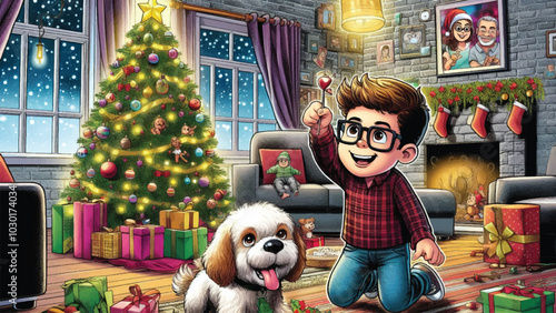 A child playing in the family room with his dog, 1 Christmas tree with decorations