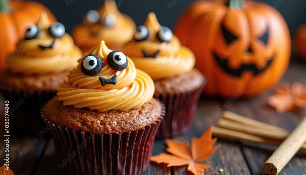 Pumpkin Spice Cupcakes with Scary Face Designs and Sweet Halloween Flavors for a Spooky Delight. Pumpkin Spice Cupcakes with Scary Face Designs and Sweet Halloween Flavors for a Spooky Delight.