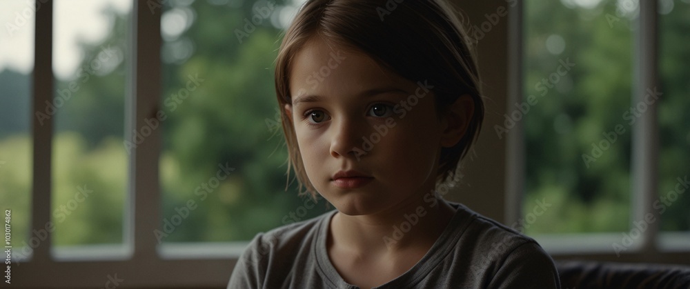 Thoughtful Girl by the Window: A pensive portrait of a young girl, gazing thoughtfully out a large window, bathed in soft, natural light. Thoughtful Girl by the Window: A pensive portrait of a young girl, gazing thoughtfully out a large window, bathed in soft, natural light.