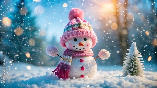 Charming snowman in a magical winter wonderland surrounded by snowflakes and festive atmosphere