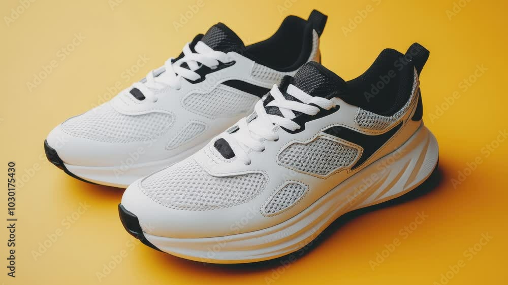 Stylish Black and White Sneakers on a Striped Background for Fashion Promotions (Zoom In Video) Stylish Black and White Sneakers on a Striped Background for Fashion Promotions (Zoom In Video)