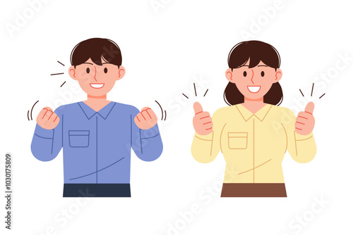 A female office worker and a male office worker are posing in a cheering pose. Thumbs up, confident pose.