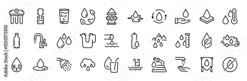 water linear icon collection. Drop Water, Mineral Water, Low and High Tide, Shower, Plastic Bottle and Glass. Editable stroke. Vector illustration