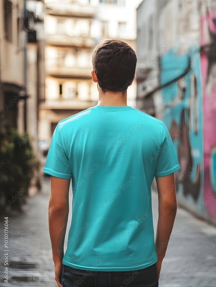 Fototapeta premium Mockup of man wearing t-shirt with customizable color in urban setting, rear view 