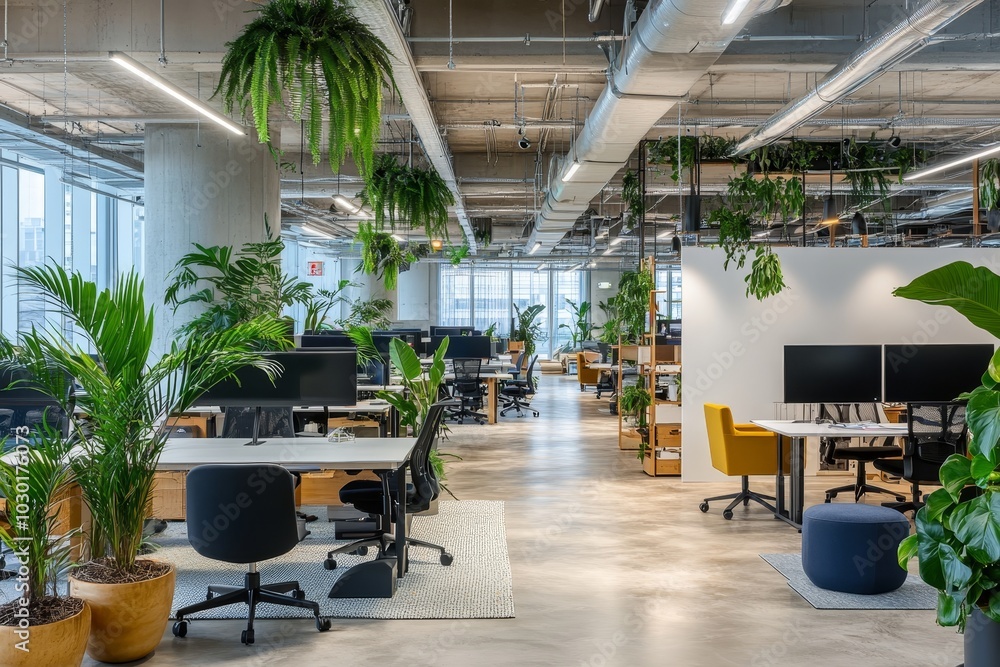 Naklejka premium This mockup shows a modern concrete office interior with a window that overlooks the city, daylight and an empty mockup on the wall. Mockup, 3D rendering of the interior.