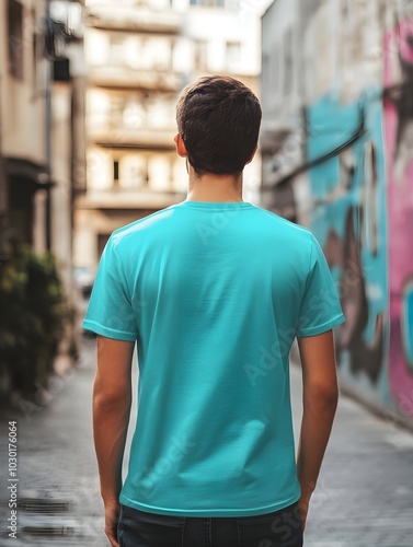 Mockup of man wearing t-shirt with customizable color in urban setting, rear view 