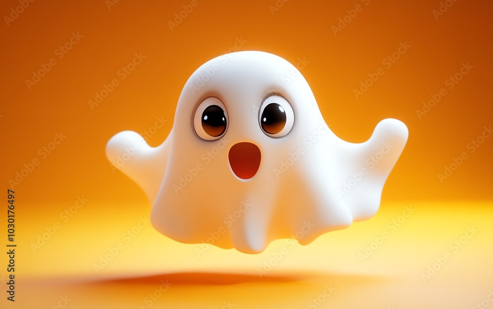 Cute cartoon ghost with wide eyes and a surprised expression, hovering against a vibrant orange backdrop, creating a lighthearted and playful Halloween vibe Cute cartoon ghost with wide eyes and a surprised expression, hovering against a vibrant orange backdrop, creating a lighthearted and playful Halloween vibe