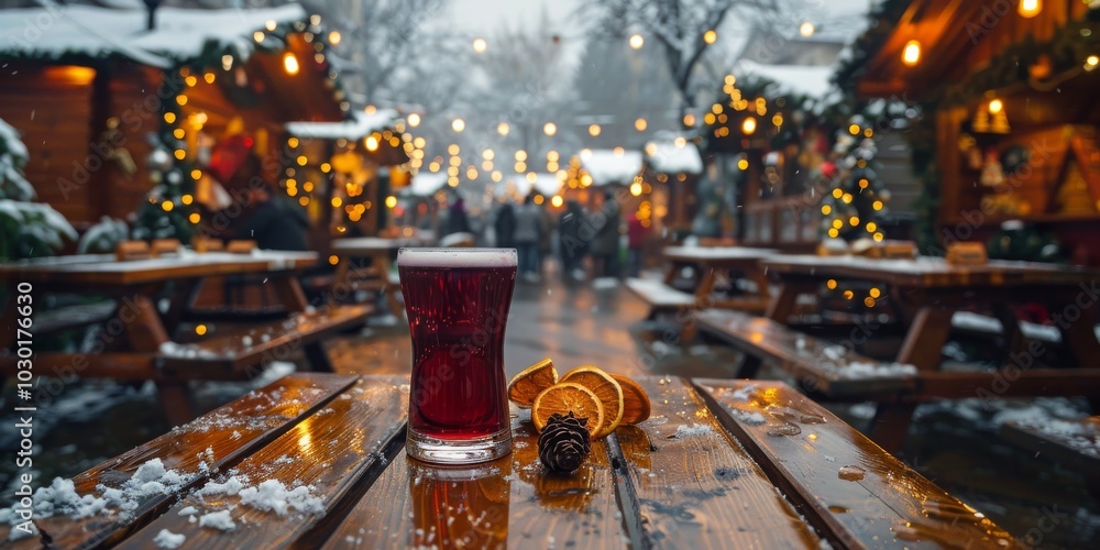 Warm drinks on a snowy evening at a festive market with twinkling lights and decorations Warm drinks on a snowy evening at a festive market with twinkling lights and decorations
