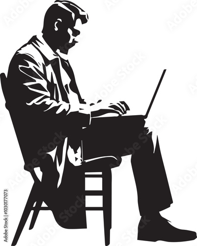 Man Sitting and Using Laptop Silhouette vector