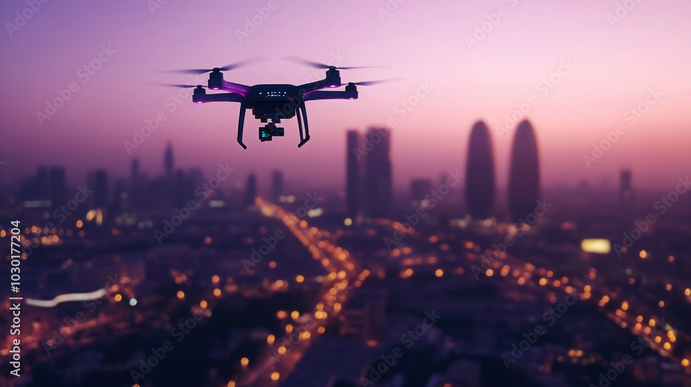 A black drone flies over a city at sunset. The city is lit up with streetlights and car headlights, creating a blurry effect in the distance. Tall buildings rise up against the purple sky. A black drone flies over a city at sunset. The city is lit up with streetlights and car headlights, creating a blurry effect in the distance. Tall buildings rise up against the purple sky.