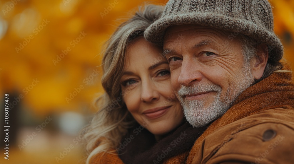 A sweet hug between a pensioner senior lady and her husband. Autumn park scenery of fall. True affection between two. High resolution photo. A sweet hug between a pensioner senior lady and her husband. Autumn park scenery of fall. True affection between two. High resolution photo.