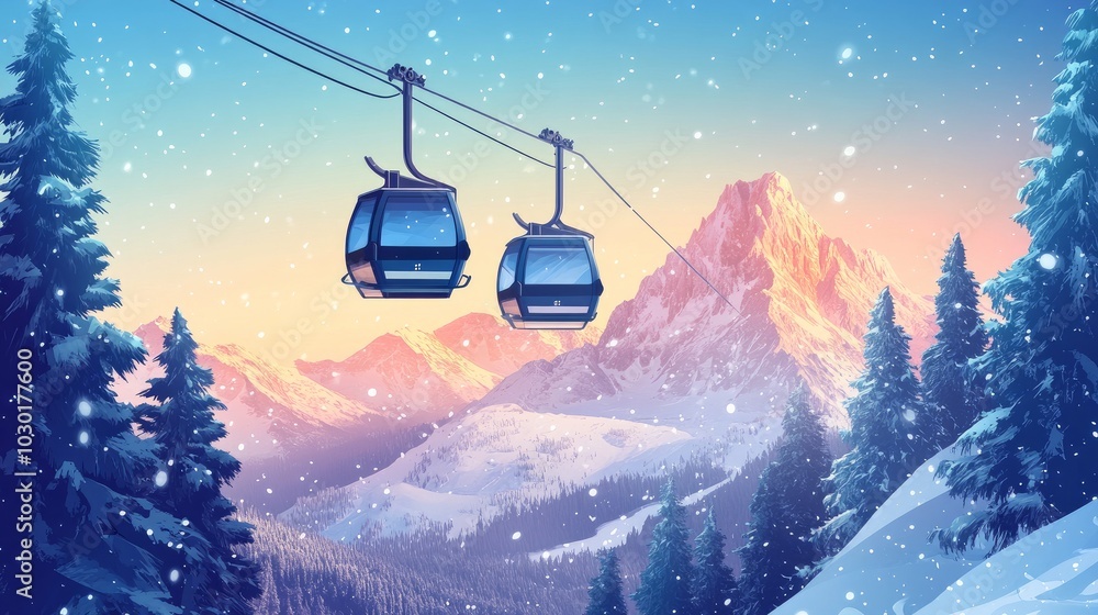 At a luxurious winter alpine resort, a new, roomy, big cabin ski lift gondola is situated against a backdrop of snow-covered forest trees and mountain peaks. Winter travel, leisure activities. At a luxurious winter alpine resort, a new, roomy, big cabin ski lift gondola is situated against a backdrop of snow-covered forest trees and mountain peaks. Winter travel, leisure activities.