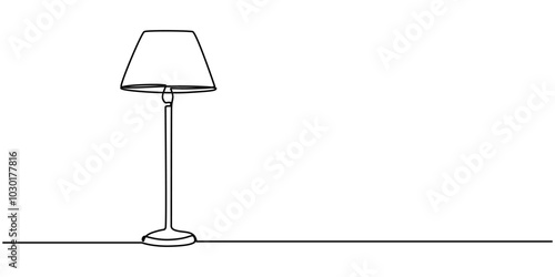 Room lamps Continuous line. One line drawing of a home furniture object to illustrate interior design. Line art object. A lampshade in a linear style with a light effect, Floor lamp. Icon