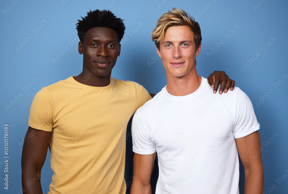 Professional photoshoot of two best friends, a white man and a dark-skinned man standing side by side against blue background. Photo of two male best friends. Vertical shot of two multicultural men Professional photoshoot of two best friends, a white man and a dark-skinned man standing side by side against blue background. Photo of two male best friends. Vertical shot of two multicultural men