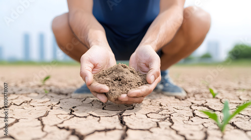 Hands holding dry, cracked soil with a distant city skyline symbolize the environmental impact on agriculture, driven by climate change and urbanization. A powerful representation of drought and susta photo