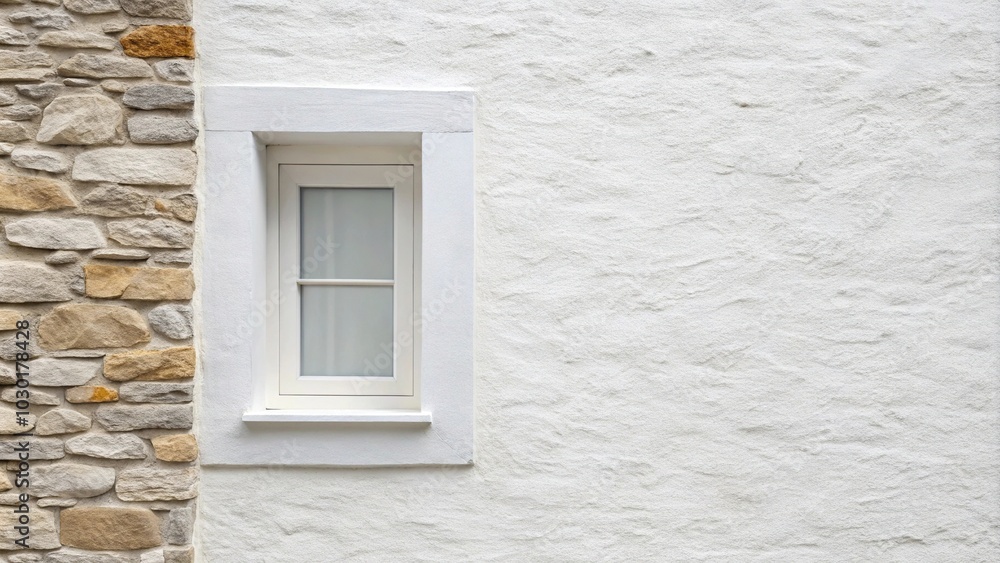 Minimalist white wall with single framed window and stone trim Minimalist white wall with single framed window and stone trim