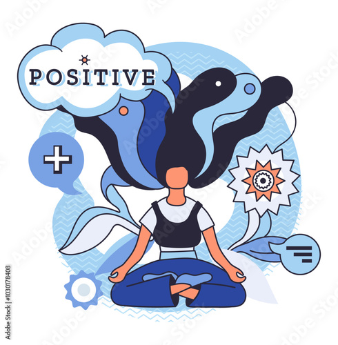 Positive thinking. A person meditates in a serene pose surrounded by abstract shapes and positive symbols. Ideal for mindfulness meditation mental wellness positivity and relaxation themes. A modern photo