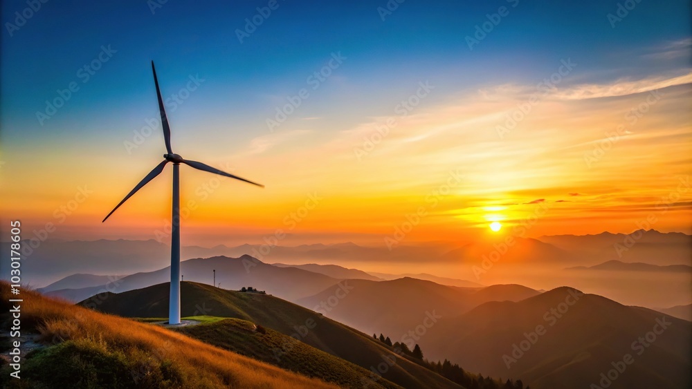Minimalist wind power generator on mountain at sunset