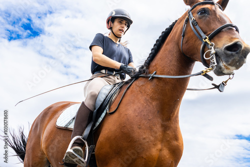 Woman riding a brown horse with determination under a cloudy sky