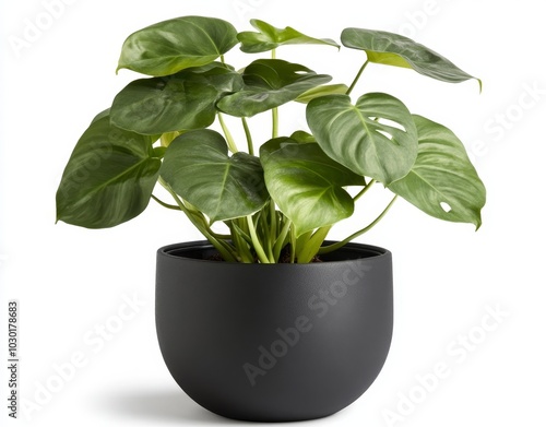 The large leaf houseplant Monstera deliciosa is displayed against a white background in a gray pot