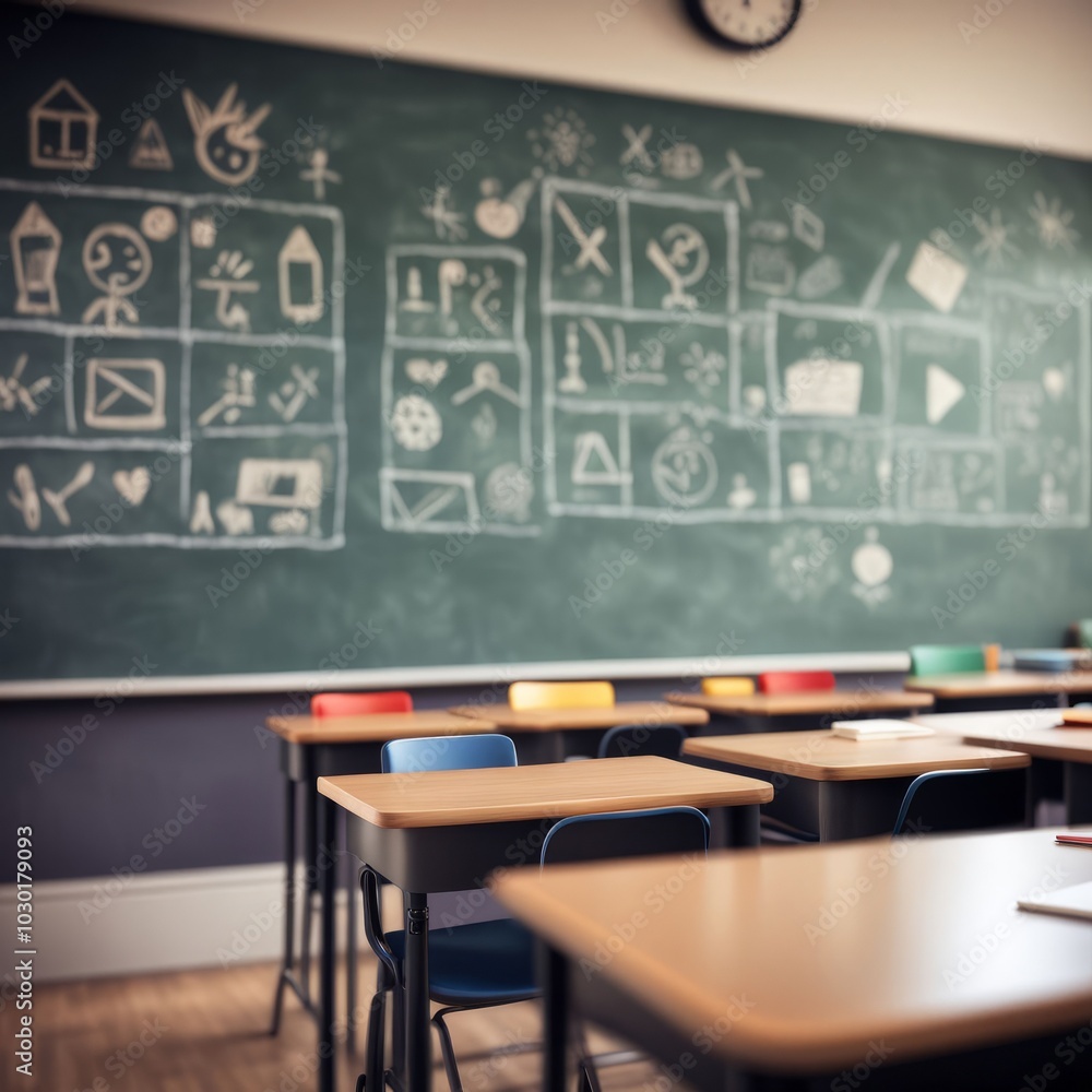 A classroom with desks and chairs, featuring a large blackboard at the front, surrounded by educational materials, chalk on the chalkboard, and an organized space for learning and meetings A classroom with desks and chairs, featuring a large blackboard at the front, surrounded by educational materials, chalk on the chalkboard, and an organized space for learning and meetings