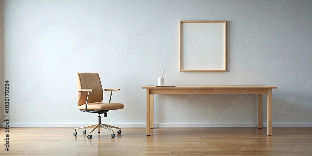 Minimalist Workspace Wooden Desk and Chair with Blank Frame Minimalist Workspace Wooden Desk and Chair with Blank Frame