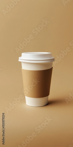 A stylish, minimalistic coffee cup stands on a warm brown background. This image captures a modern coffee culture vibe. Ideal for lifestyle and beverage-related content. AI