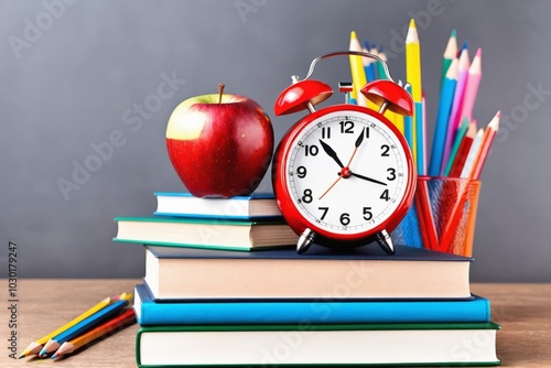 A stack of books and a red apple on a desk in a classroom setting, representing the back to school concept with an emphasis on education and learning photo