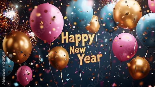 Happy New Year in bold, colorful letters, surrounded by metallic gold and silver balloons, vibrant party poppers exploding with glittering confetti and ribbons,