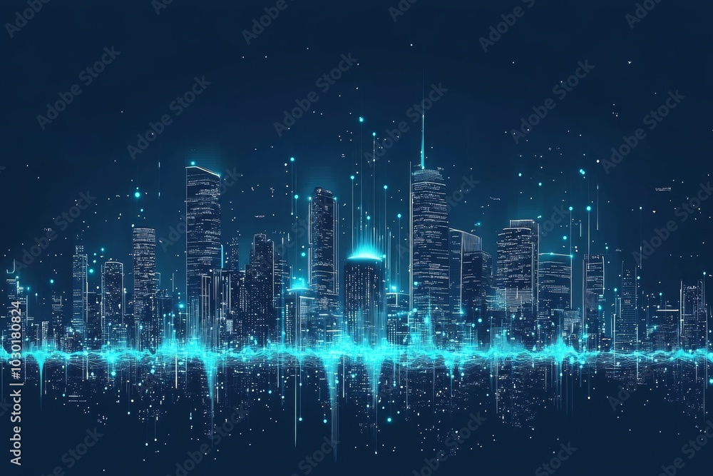 Fototapeta premium Concept of smart cities and big data connections with digital blue wavy wires and antennas set against a double exposure of the night skyline of a megapolis city at night.