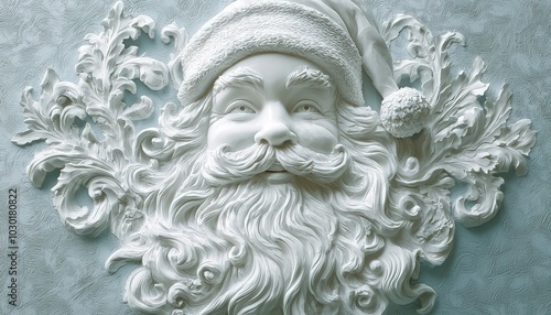 An elegant white Santa face relief artwork against a soft blue backdrop, ideal for festive decoration. photo