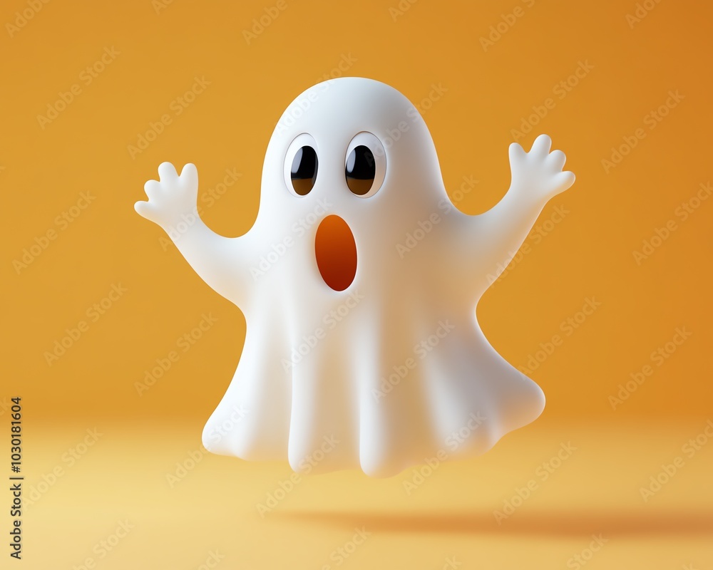Playful cartoon ghost showcasing a surprised face, floating against an eyecatching orange background, perfect for adding a whimsical touch to Halloween decor Playful cartoon ghost showcasing a surprised face, floating against an eyecatching orange background, perfect for adding a whimsical touch to Halloween decor