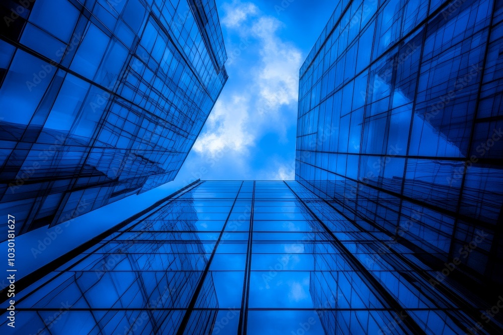 Business office buildings with reflective surfaces. Bottom-up view of a big urban landscape in a modern city. Stock image. Business office buildings with reflective surfaces. Bottom-up view of a big urban landscape in a modern city. Stock image.