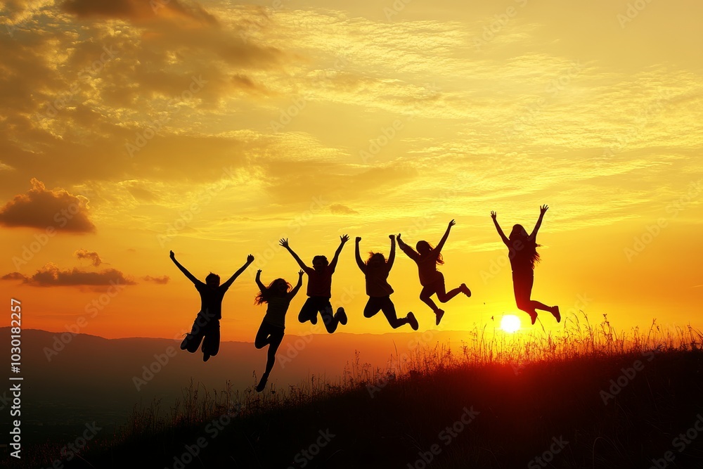 A large group of people raising their arms in victory and happiness on a mountain top against a stunning sunset. Stock photo. A large group of people raising their arms in victory and happiness on a mountain top against a stunning sunset. Stock photo.