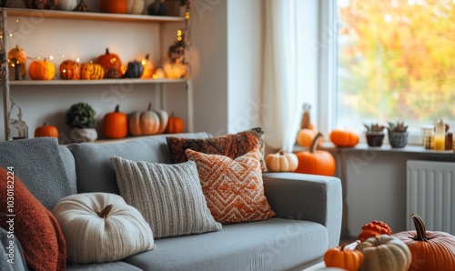 Cozy autumn living room decorated with pumpkins and warm colors in a sunlit s...