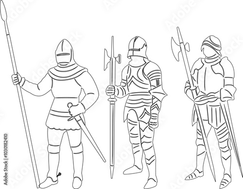 knights with weapons, outline sketch, vector