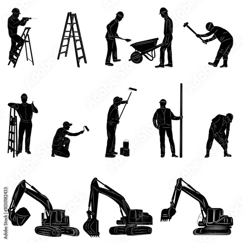 builders working, silhouette set, vector