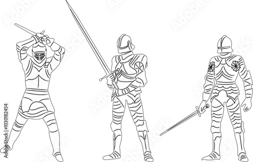 knights fighting, outline sketch, vector