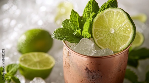 Refreshing mint cocktail served with lime in a copper cup on crushed ice duri...