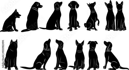 dogs sitting, silhouette set, vector