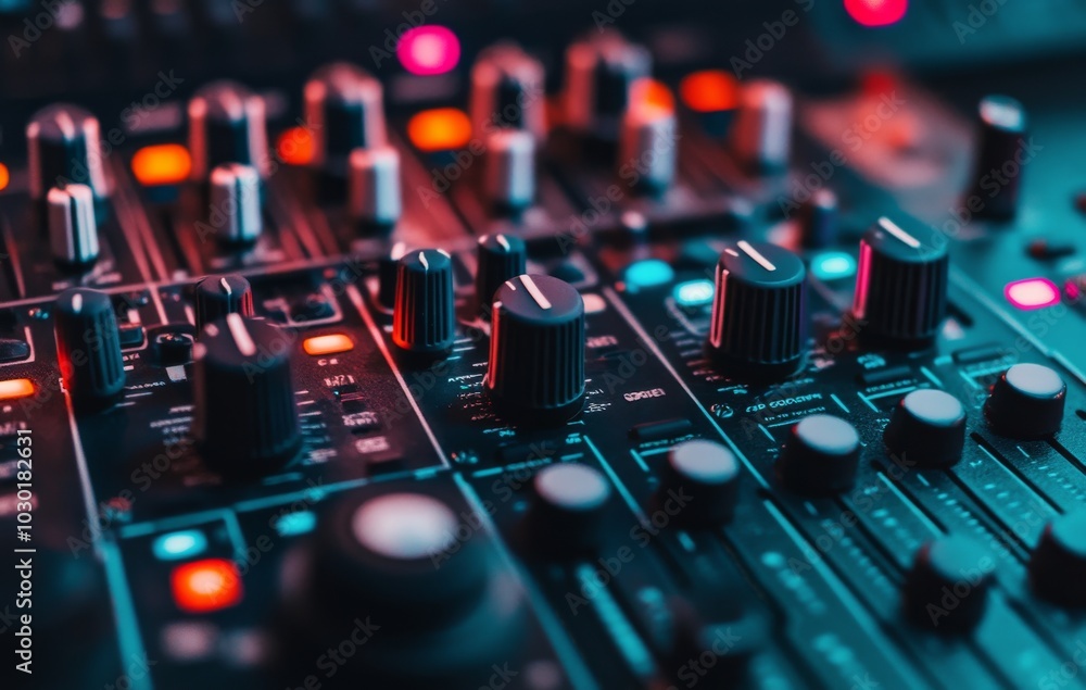 Close-up view of an illuminated sound mixing console with vibrant buttons and dials at night Close-up view of an illuminated sound mixing console with vibrant buttons and dials at night