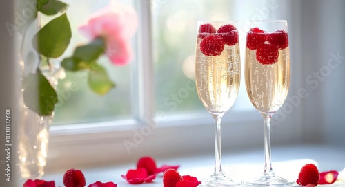 Elegant champagne glasses with raspberries in a cozy setting during a romanti...