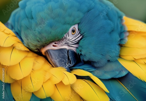 Vibrant macaw perched quietly, showcasing its colorful feathers in a natural ...
