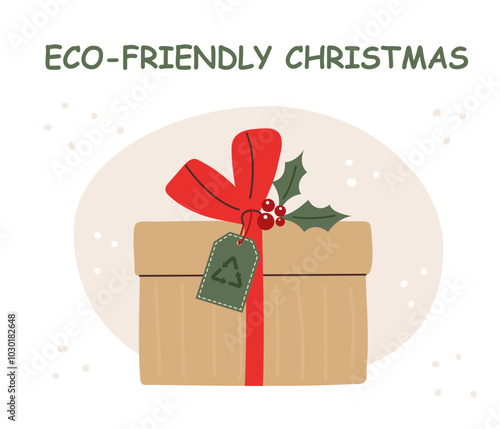 Sustainable Christmas concept. Christmas paper gift box with recycled tag. Christmas card.