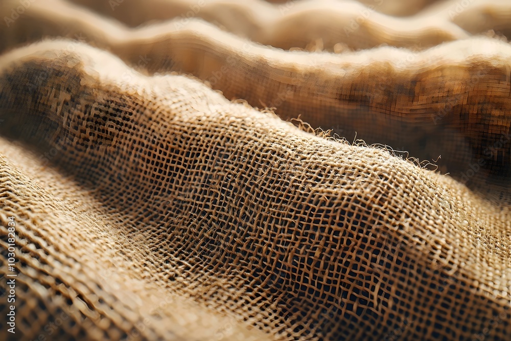 Close-up of a brown burlap fabric with a soft, textured pattern. The fabric is woven in a tight, intricate grid.