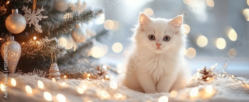 Adorable fluffy white kitten sitting near a festive Christmas tree with twink...