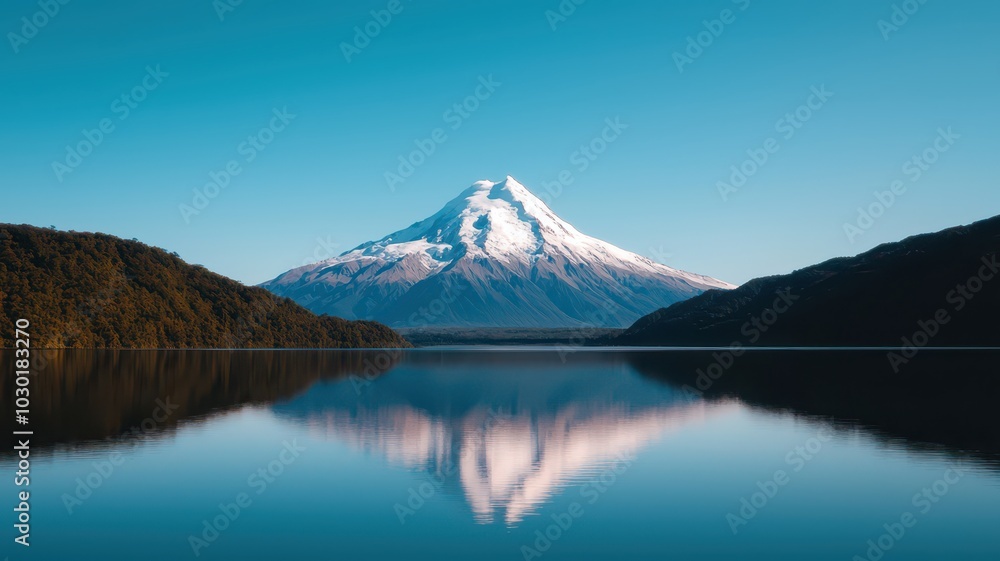 Stunning glacier-capped mountain mirrored in a serene lake under a bright blue sky, perfect for text overlay. Stunning glacier-capped mountain mirrored in a serene lake under a bright blue sky, perfect for text overlay.