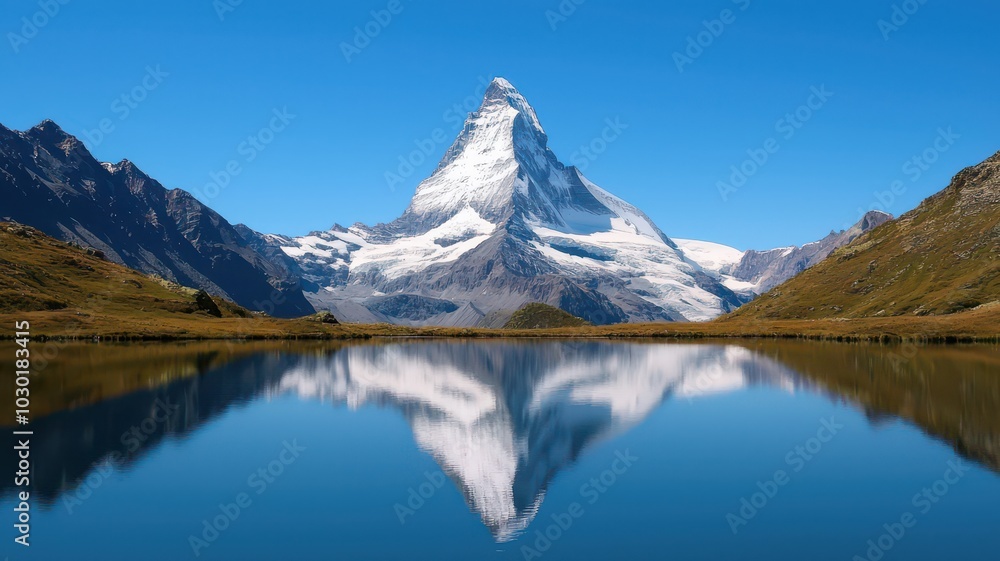 Naklejka premium Stunning glacier-capped mountain mirrored in a serene lake under a bright blue sky, perfect for text overlay.