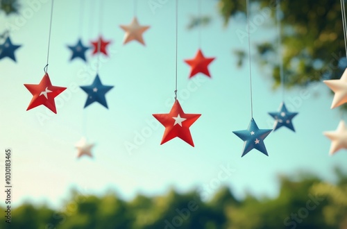 Colorful hanging stars in red, white, and blue against a bright blue sky at a...